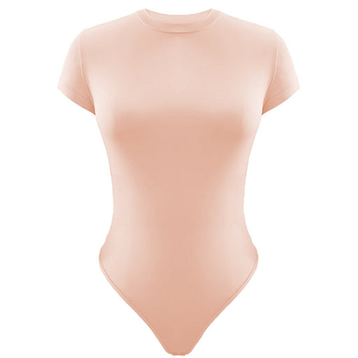 Color-Pink-Solid Color Bottoming WomenClothing Basic Casual Short Sleeve round Neck Tight Bodysuit Summer-Fancey Boutique