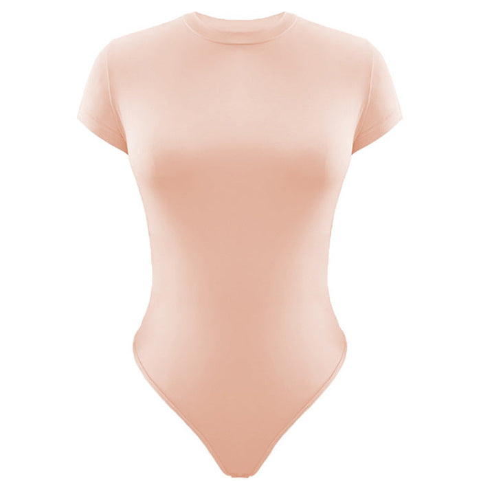 Color-Pink-Solid Color Bottoming WomenClothing Basic Casual Short Sleeve round Neck Tight Bodysuit Summer-Fancey Boutique