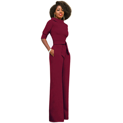 Color-Fall Women Clothing Solid Color Polo Collar Five Quarter Sleeve High Waist Wide Leg Jumpsuit-Fancey Boutique