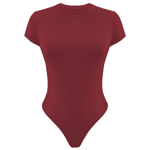 Color-Burgundy-Solid Color Bottoming WomenClothing Basic Casual Short Sleeve round Neck Tight Bodysuit Summer-Fancey Boutique