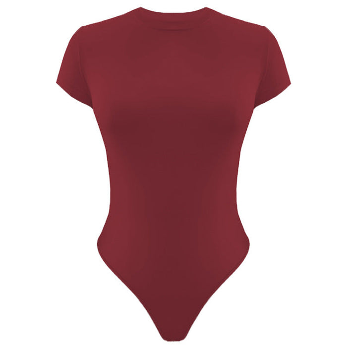 Color-Burgundy-Solid Color Bottoming WomenClothing Basic Casual Short Sleeve round Neck Tight Bodysuit Summer-Fancey Boutique