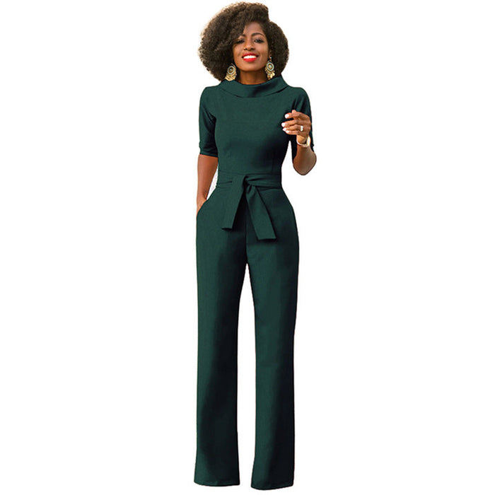 Color-Fall Women Clothing Solid Color Polo Collar Five Quarter Sleeve High Waist Wide Leg Jumpsuit-Fancey Boutique