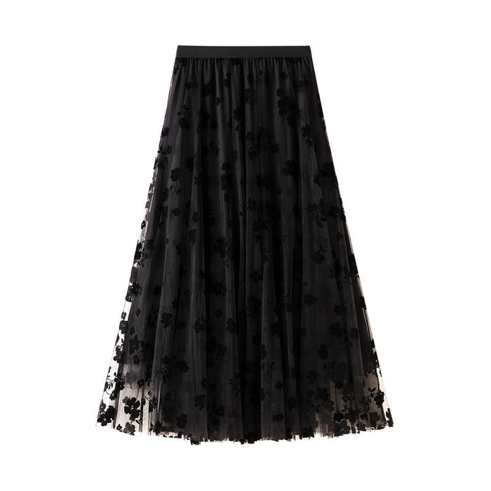 Color-Black-Flocking Mesh Skirt Women Summer Mid-Length Slimming Draping Gauze Skirt Super-Fairy Fairy Pleated Skirt-Fancey Boutique