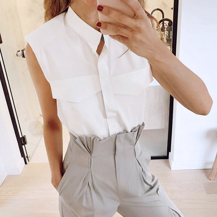 Color-Sleeveless Shoulder Pad Slim Fit Shirt Women Summer Lady High Cold Wind Bottoming Top-Fancey Boutique