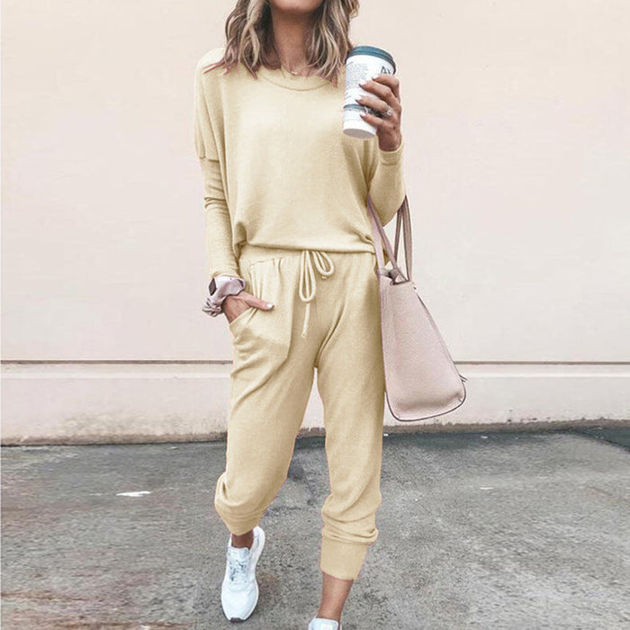 Color-Khaki-Autumn Winter Women Clothing Home Loose Fitting Solid Color Long Sleeves Casual sets Women-Fancey Boutique