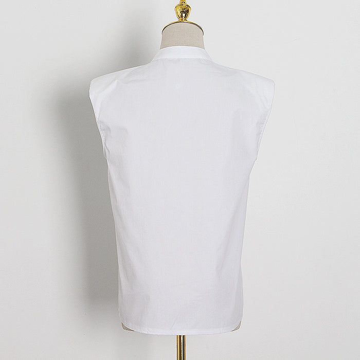 Color-White-Fall Niche Design Elegant Sexy White Padded Shoulder Sleeveless Collared Shirt Top-Fancey Boutique