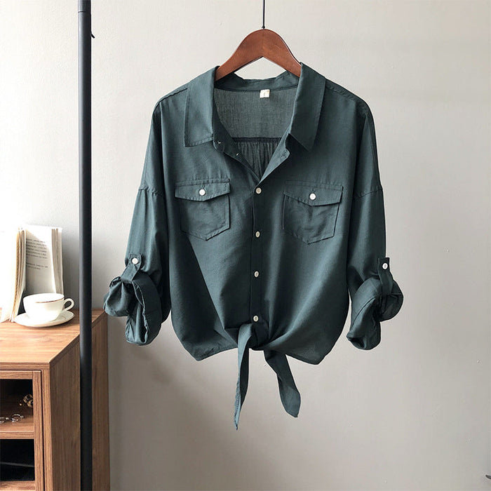 Color-blackish green-Autumn Retro Hong Kong Loose Lace up Shirt Women Western Top-Fancey Boutique