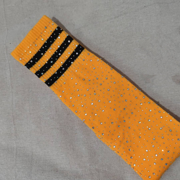 Color-Yellow Socks and Black Stripes-Sexy Rhinestone Knee Socks Striped Women Stockings Rhinestone Socks High-Top Cotton Socks-Fancey Boutique