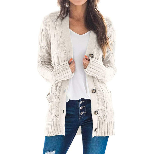 Color-White-2-Autumn Winter Women Clothing Casual Cardigan Coat Solid Color Twist Button Cardigan Sweater Women-Fancey Boutique