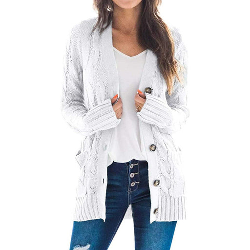 Color-White-1-Autumn Winter Women Clothing Casual Cardigan Coat Solid Color Twist Button Cardigan Sweater Women-Fancey Boutique