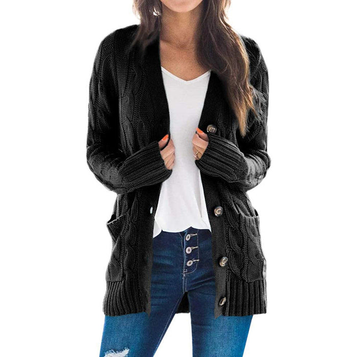 Color-Black-Autumn Winter Women Clothing Casual Cardigan Coat Solid Color Twist Button Cardigan Sweater Women-Fancey Boutique