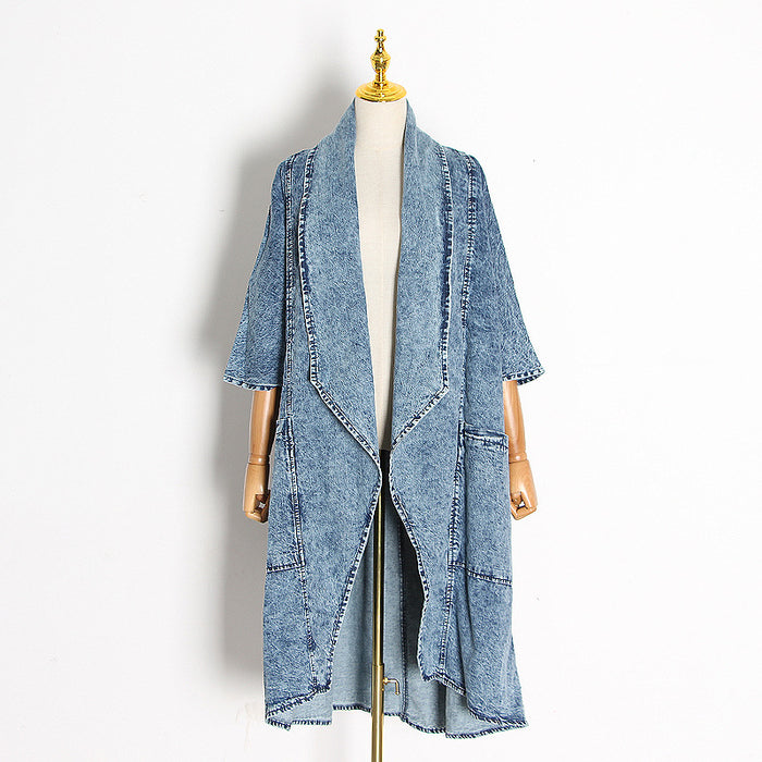 Color-Blue-Casual Collared Batwing Sleeve Loose Denim Trench Coat Women-Fancey Boutique