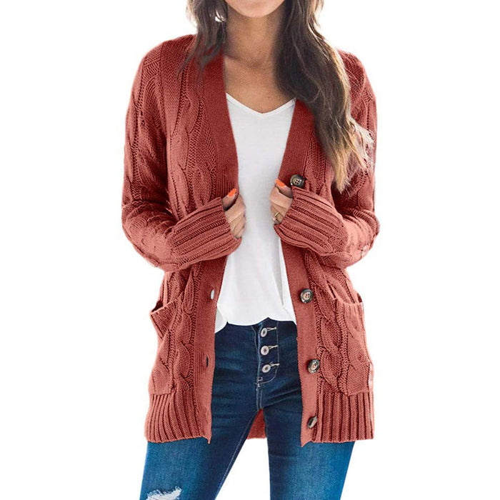 Color-Brick Red-Autumn Winter Women Clothing Casual Cardigan Coat Solid Color Twist Button Cardigan Sweater Women-Fancey Boutique