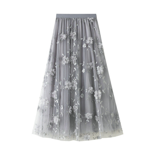 Color-Gray-Mesh Embroidery Heavy Work Skirt Plus Size Gauze Skirt Autumn A line Artistic High Waist Long Skirt-Fancey Boutique