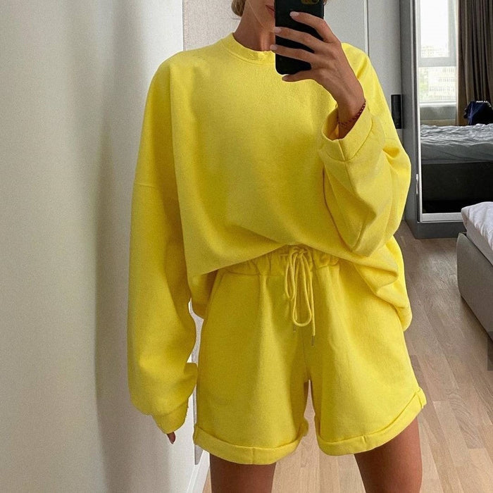 Color-Yellow-Long Sleeve Round Neck Top Baggy Shorts Two-piece Casual Set Sweatshirts-Fancey Boutique