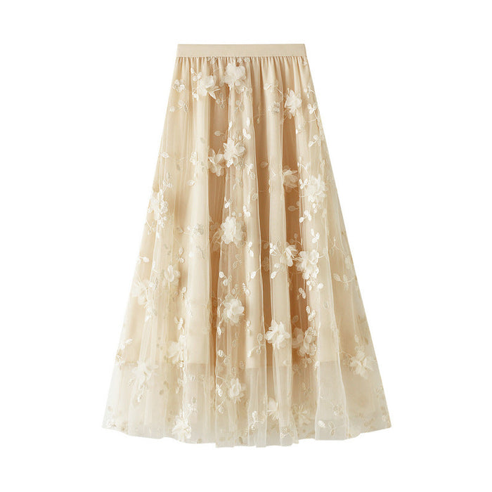 Color-Apricot-Mesh Embroidery Heavy Work Skirt Plus Size Gauze Skirt Autumn A line Artistic High Waist Long Skirt-Fancey Boutique
