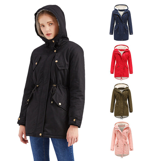 Color-Size Autumn Winter New Women Cotton-Padded Coat Women Solid Color Hooded Drawstring Cinched Thickening Cotton-Padded Coat Velvet Cotton Clothes-Fancey Boutique