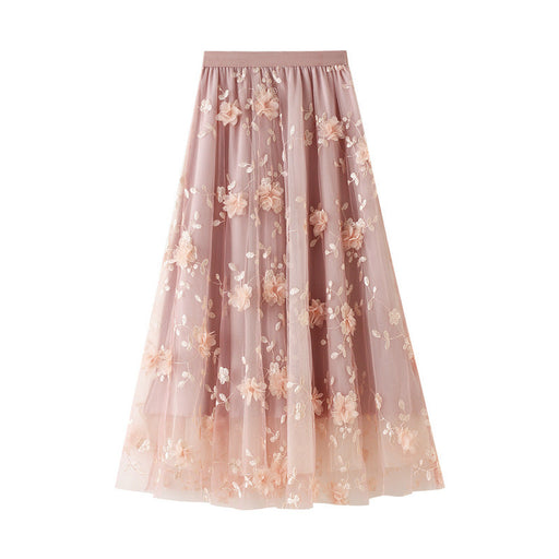 Color-Mesh Embroidery Heavy Work Skirt Plus Size Gauze Skirt Autumn A line Artistic High Waist Long Skirt-Fancey Boutique