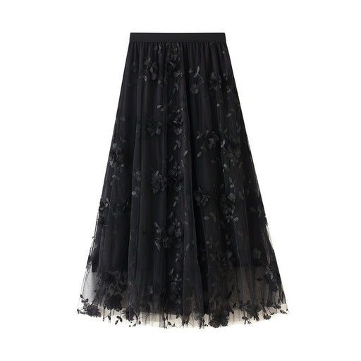 Color-Black-Mesh Embroidery Heavy Work Skirt Plus Size Gauze Skirt Autumn A line Artistic High Waist Long Skirt-Fancey Boutique