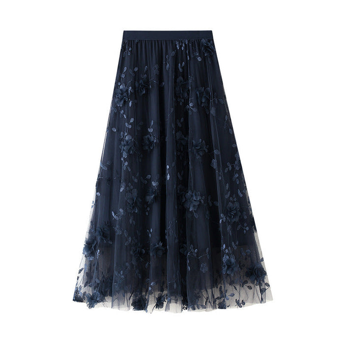 Color-Navy Blue-Mesh Embroidery Heavy Work Skirt Plus Size Gauze Skirt Autumn A line Artistic High Waist Long Skirt-Fancey Boutique