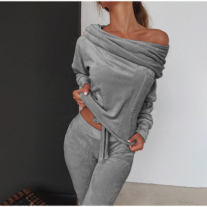 Color-Solid Color Casual Set Off-shoulder Bow Slim Fit Homewear Suits Loungewear-Fancey Boutique