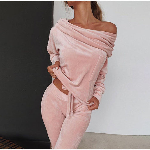 Color-Pink-Solid Color Casual Set Off-shoulder Bow Slim Fit Homewear Suits Loungewear-Fancey Boutique