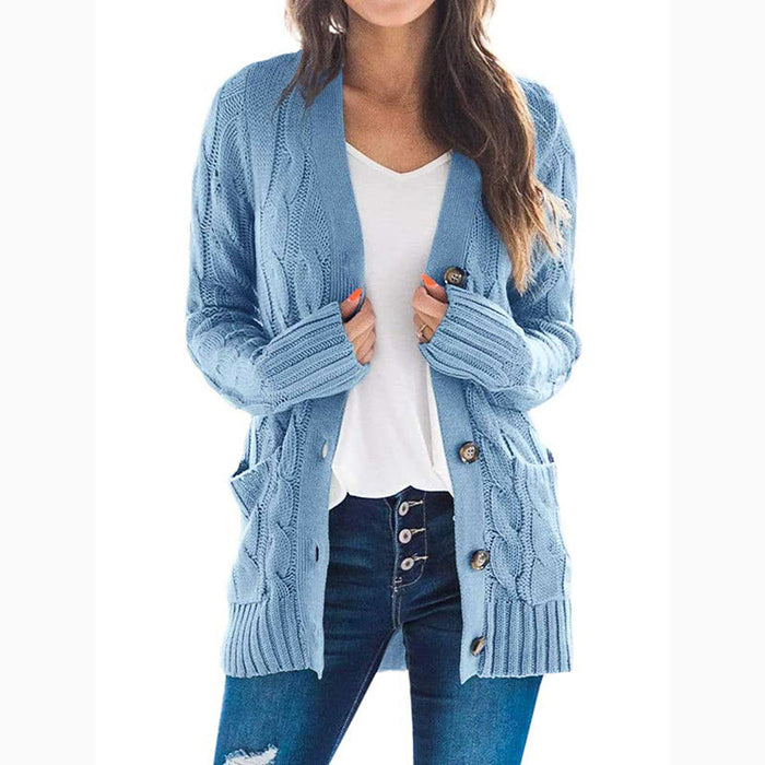 Color-Blue-Autumn Winter Women Clothing Casual Cardigan Coat Solid Color Twist Button Cardigan Sweater Women-Fancey Boutique