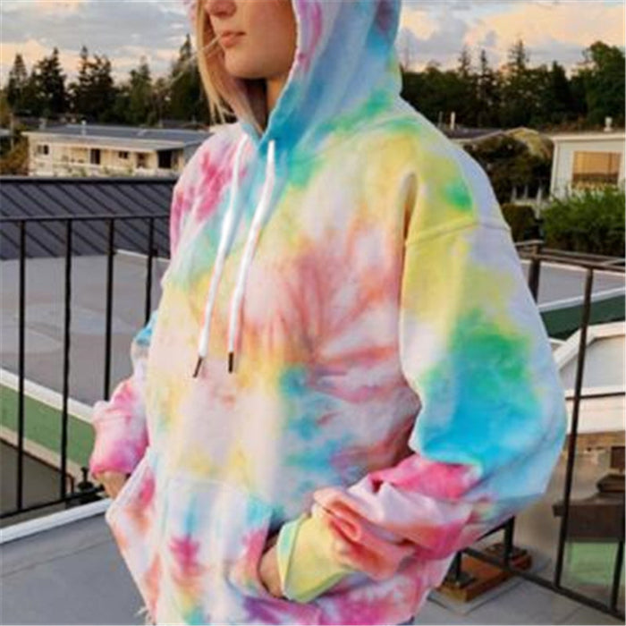 Color-Street Women Clothing Loose Hooded Tie-Dyed Printed Casual Large Hoody Top-Fancey Boutique