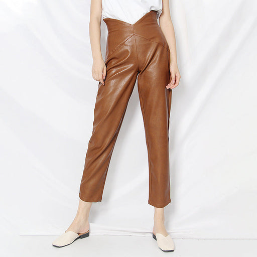Color-Brown-British Straight Trendy Women Casual Pants Spring Sexy Petals High Waist Solid Color Straight Leather Pants-Fancey Boutique