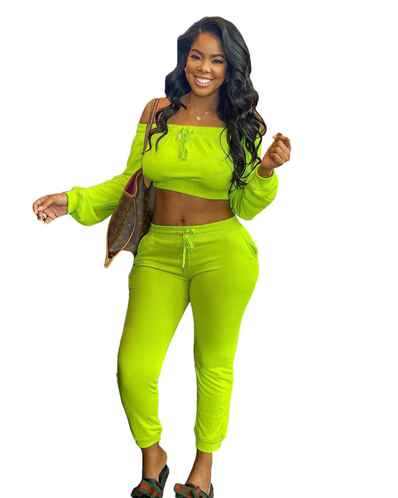 Color-fluorescent green-Women Clothing Long Sleeved Sports Suit Solid Color Elastic Waist Running Suit Autumn Winter-Fancey Boutique