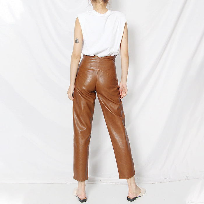 Color-British Straight Trendy Women Casual Pants Spring Sexy Petals High Waist Solid Color Straight Leather Pants-Fancey Boutique