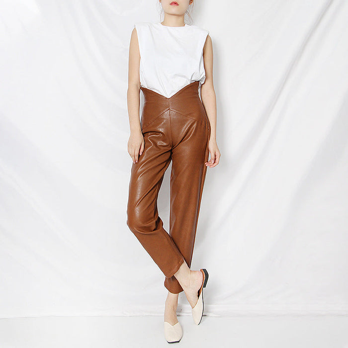 Color-British Straight Trendy Women Casual Pants Spring Sexy Petals High Waist Solid Color Straight Leather Pants-Fancey Boutique