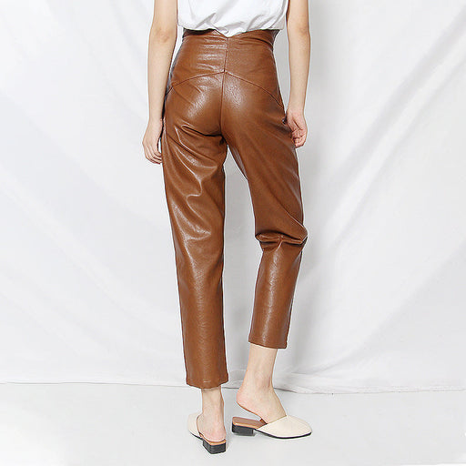 Color-British Straight Trendy Women Casual Pants Spring Sexy Petals High Waist Solid Color Straight Leather Pants-Fancey Boutique