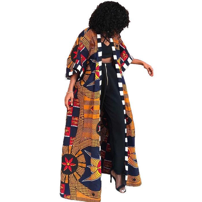 Color-Orange-Women Spring Clothing Windbreaker African Ethnic Women Coat Long Printed-Fancey Boutique