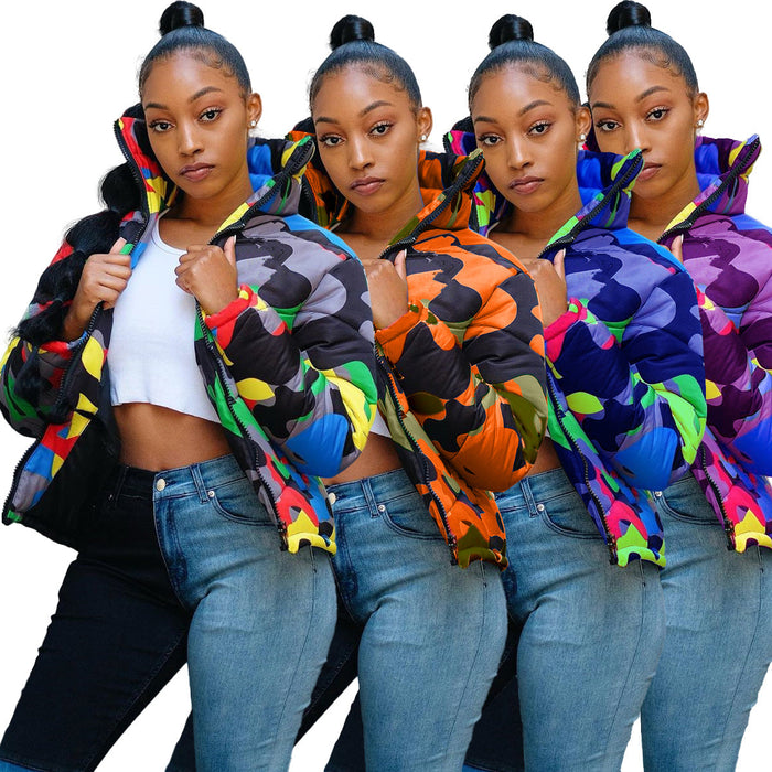 Color-Women Clothing Wearable Colorful Camouflage Printing Dyeing Bread Coat down Jacket Cotton-Padded Jacket-Fancey Boutique