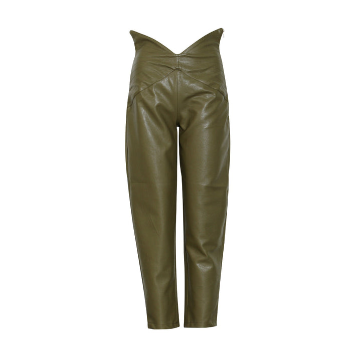 Color-Green-British Straight Trendy Women Casual Pants Spring Sexy Petals High Waist Solid Color Straight Leather Pants-Fancey Boutique