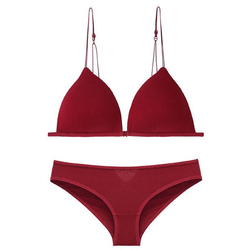 Color-Burgundy-Sexy Wireless Underwear Women Push up Bra Summer Thin French Beauty Back Camisole Front Buckle Bra Set-Fancey Boutique