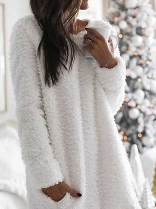 Color-White-Autumn Winter Plush Skirt Round Neck Simple Casual Straight-leg Plush Skirt-Fancey Boutique