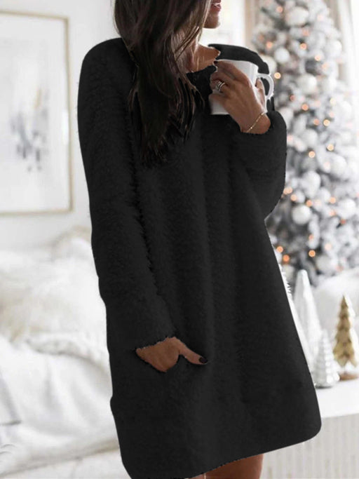 Color-Black-Autumn Winter Plush Skirt Round Neck Simple Casual Straight-leg Plush Skirt-Fancey Boutique