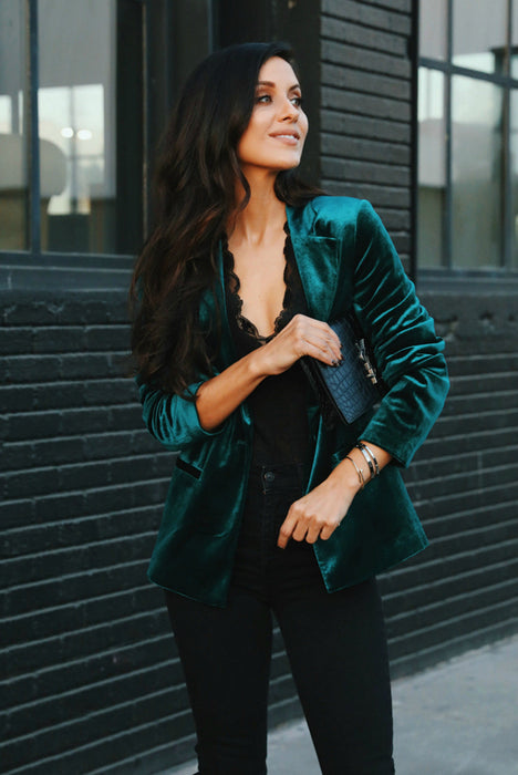 Color-Green-Fall Women Clothing Coat Top Slim Fit Long Sleeve Pleuche Small Blazer-Fancey Boutique