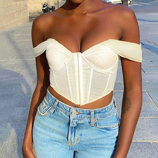 Color-Women Clothing off Shoulder Mesh Solid Color Sexy Bandeau Crop-Top Short Top Women-Fancey Boutique