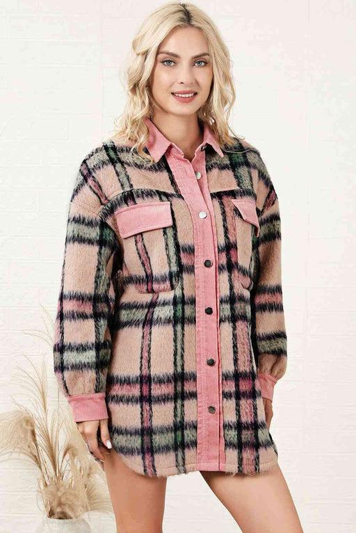 Color-S-Plaid Button Down Drop Shoulder Jacket-Fancey Boutique