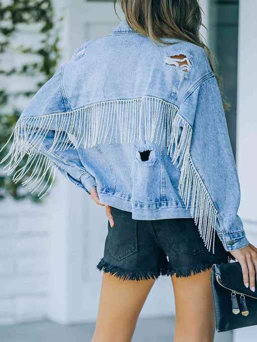 Color-Distressed Fringe Denim Jacket-Fancey Boutique