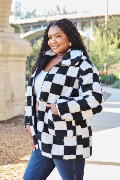 Color-Double Take Full Size Checkered Button Front Coat with Pockets-Fancey Boutique