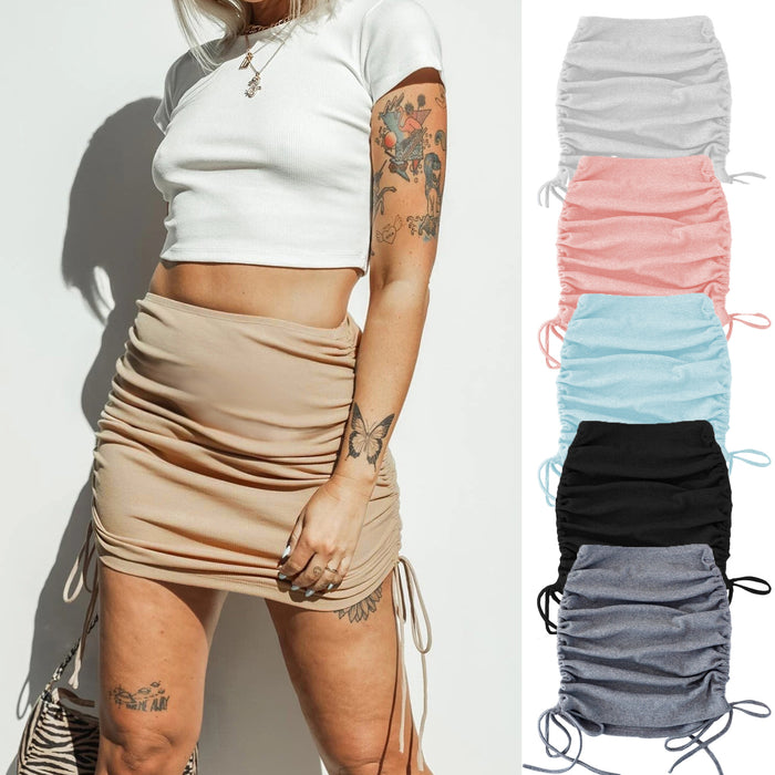 Color-Knitted Threaded Side Drawstring Elastic Pleated Skirt Sexy Slim Adjustable Hip Skirt-Fancey Boutique