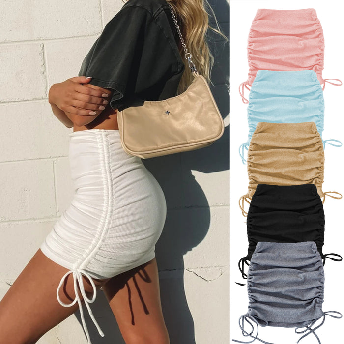 Color-Knitted Threaded Side Drawstring Elastic Pleated Skirt Sexy Slim Adjustable Hip Skirt-Fancey Boutique