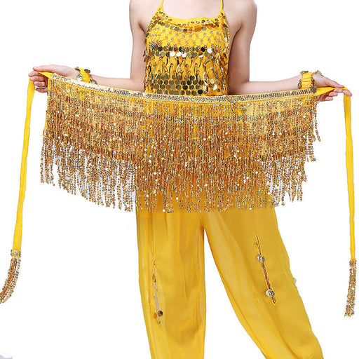 Color-Gold-Belly Dance Sequ Tassels Waist Chain Indian Dance Bohemian Lace up Sequ Hip Scarf Waist Scarf Sequ Tassel Skirt-Fancey Boutique