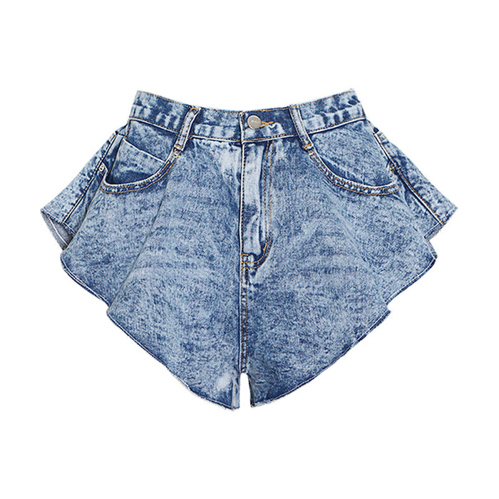 Color-High Waist Denim Shorts for Women Summer Loose Slimming Pocket Ruffled Short Casual Pants for Women-Fancey Boutique