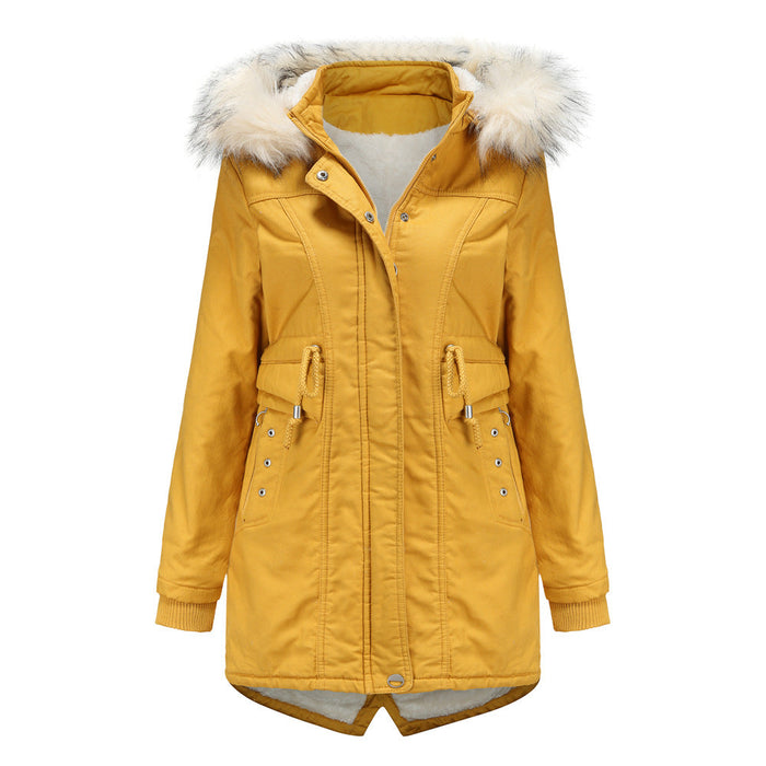 Color-Yellow-Women Cotton-Padded Clothes Fleece Mid-Length Detachable Hat Fur Collar Winter Warm Fleece Overcoat Woman Plus Size-Fancey Boutique