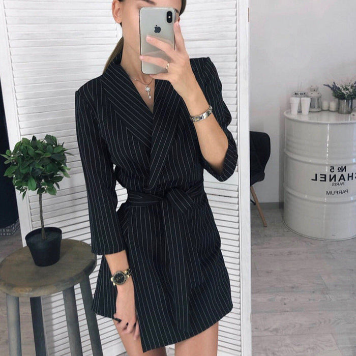 Color-Black-Spring Summer Autumn Women Three-quarter Sleeve Solid Color Polo Collar Suit Belt Elegant Dress For Women-Fancey Boutique